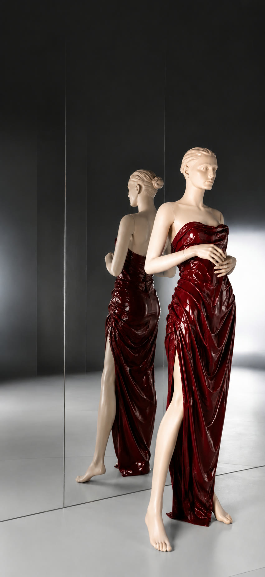 Lacquered drape gown against the mirror