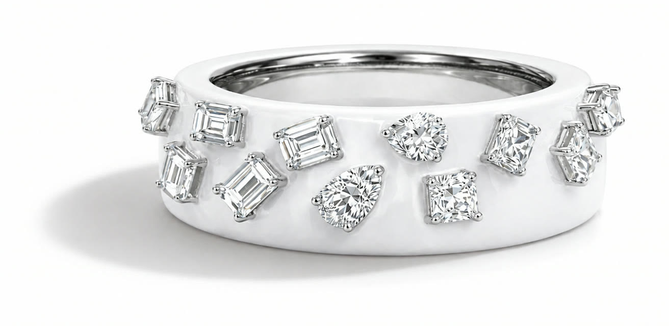 White enamel ring scattered with diamonds