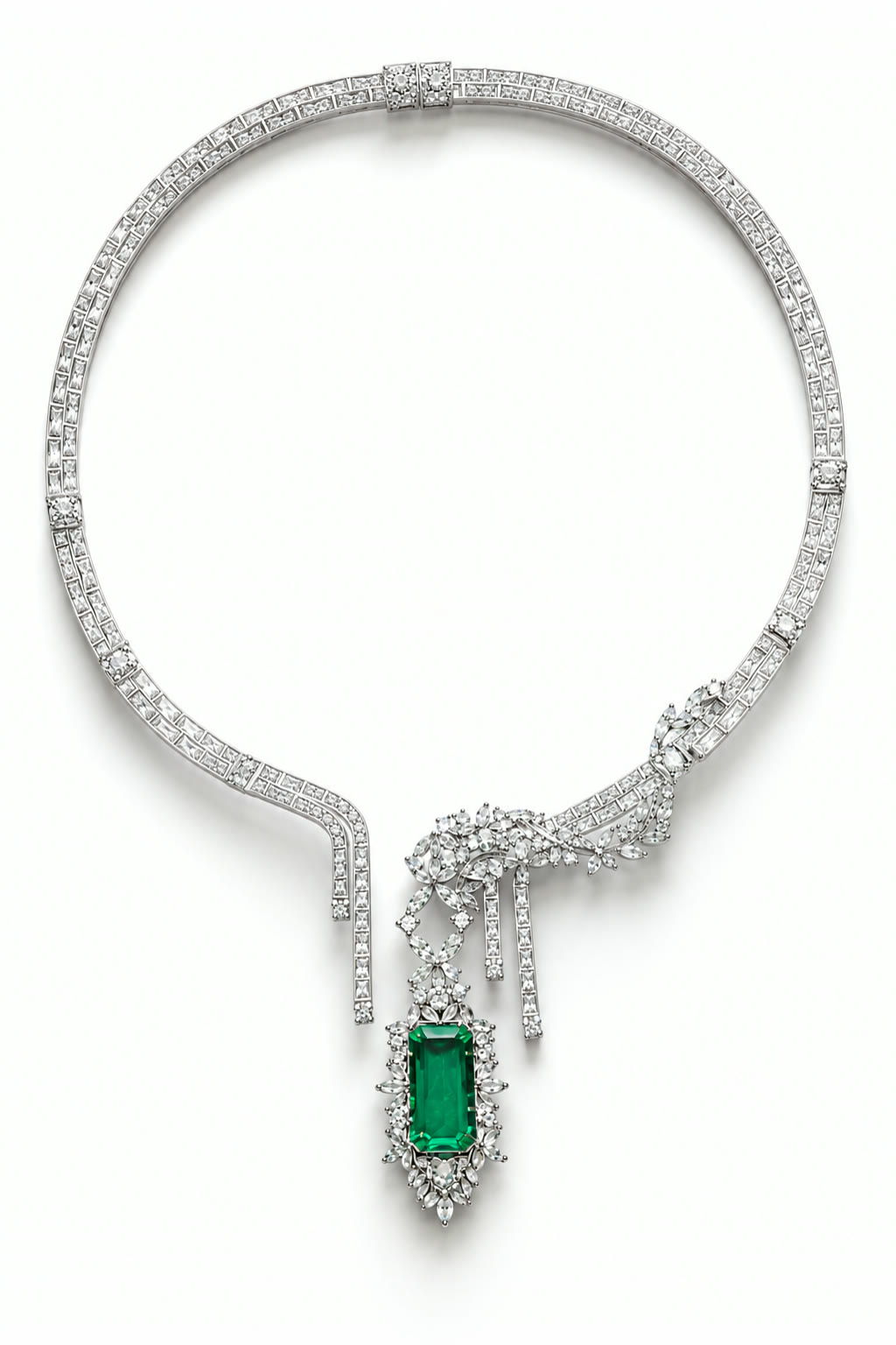 Diamond collar necklace with an emerald drop